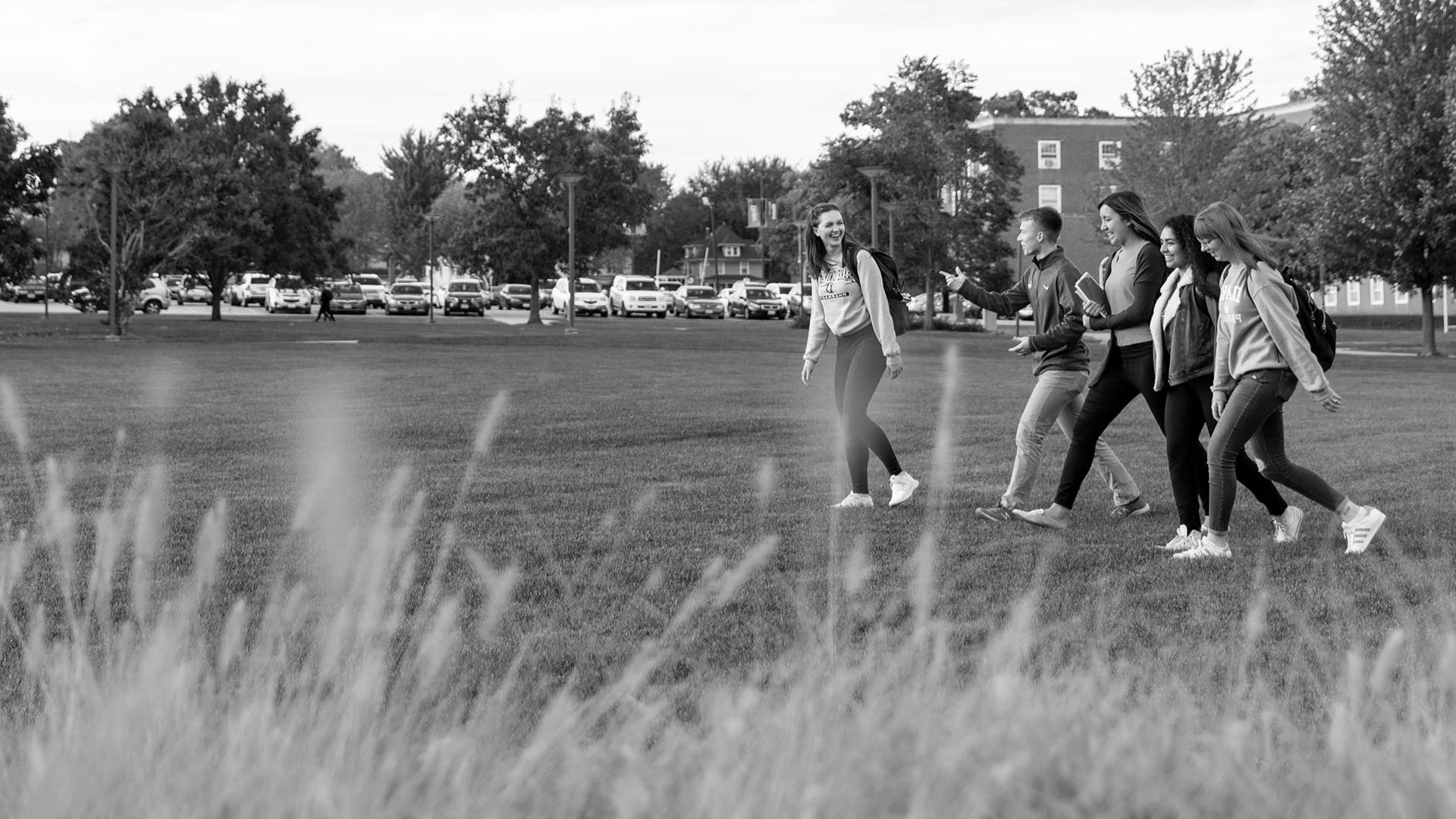 A group of 5 students walking across a grass lawn on campus