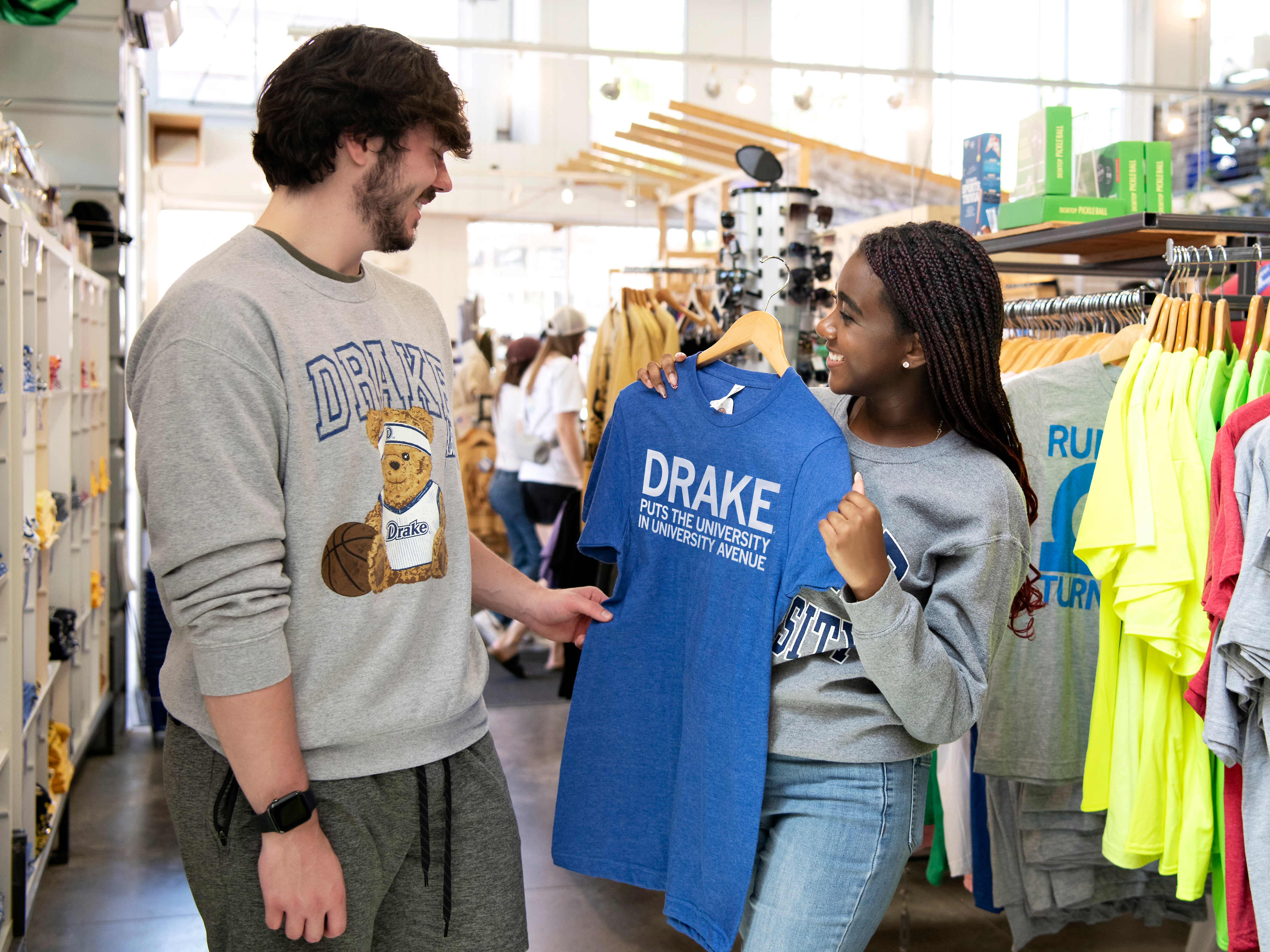 Drake students shop for school apparel in a campus store