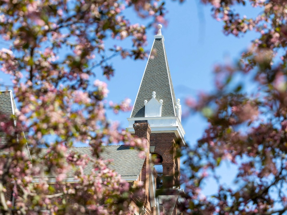 Old Main in the Spring with a tree in blossom in the foreground.