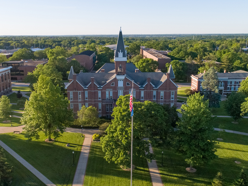 An aerial view of campus buildings and gathering spaces