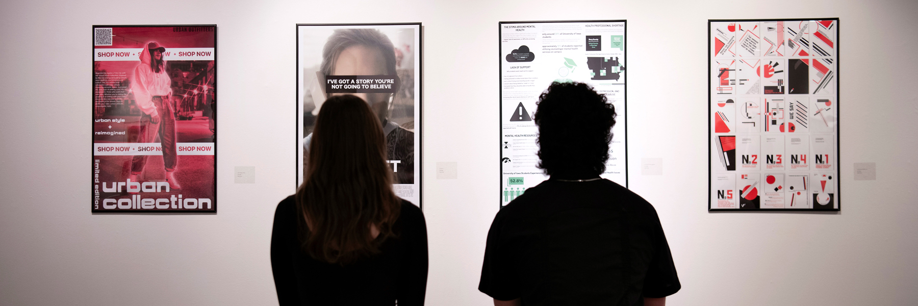 Two people looking at art on a wall