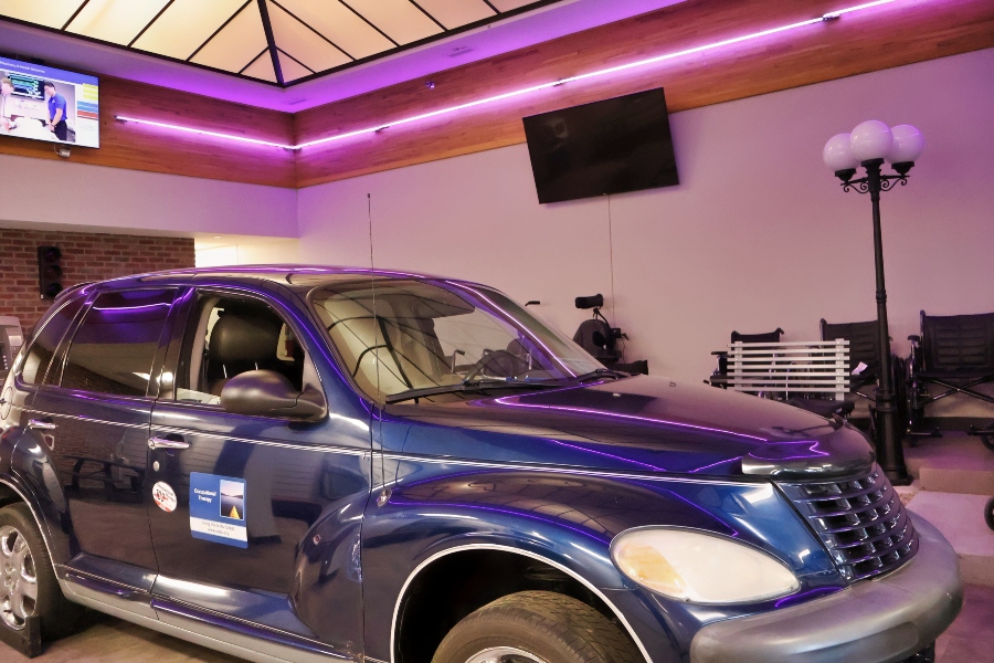 A car sits in the main lobby of Drake's OT building 