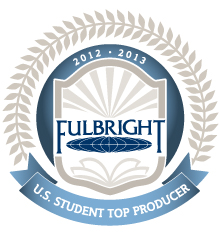 Fulbright emblem with laurel wreath and ribbon reading “U.S. Student Top Producer,” dated 2012–2013.