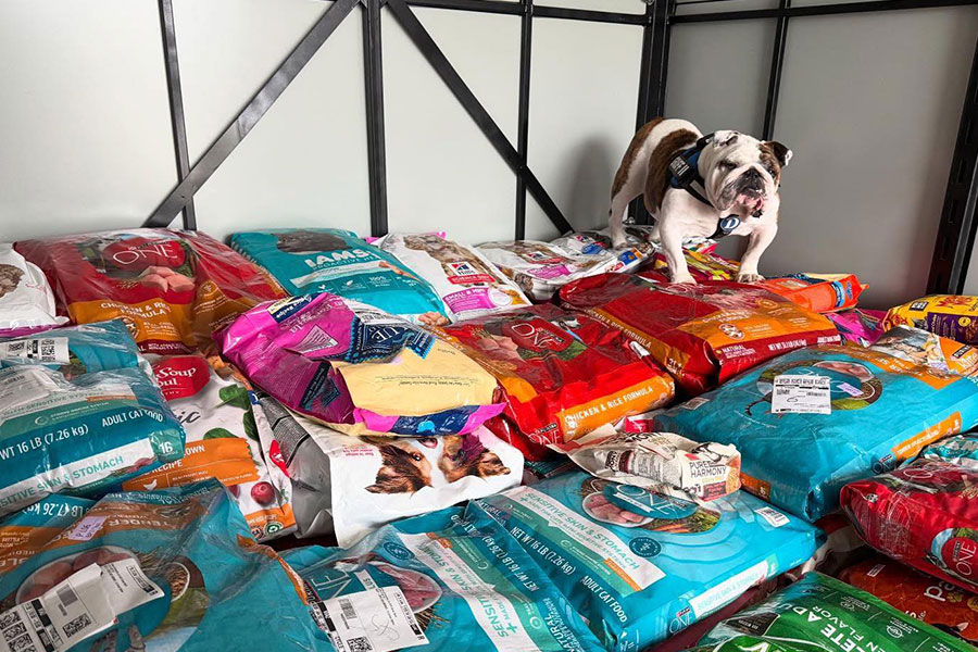 George standing on top of a mountain of dog food stacked in a storage container during Griff Gives Back