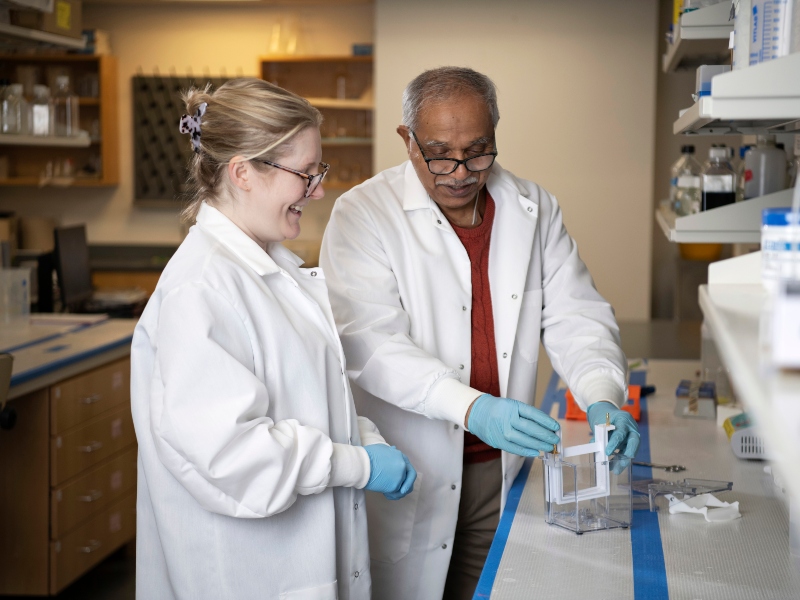 Professor demonstrating a lab procedure to a student in a pharmacy lab