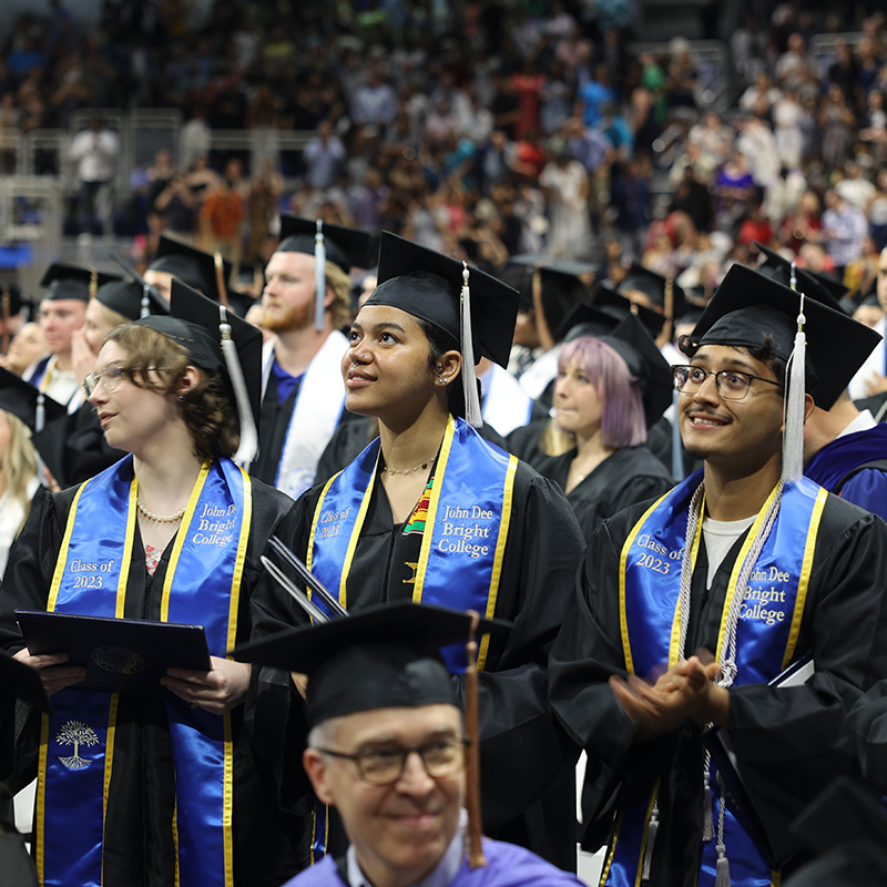 Students from Drake's A.A. in Business, Organization, and Professional Studies program in their caps, gowns, and sashes during commencement