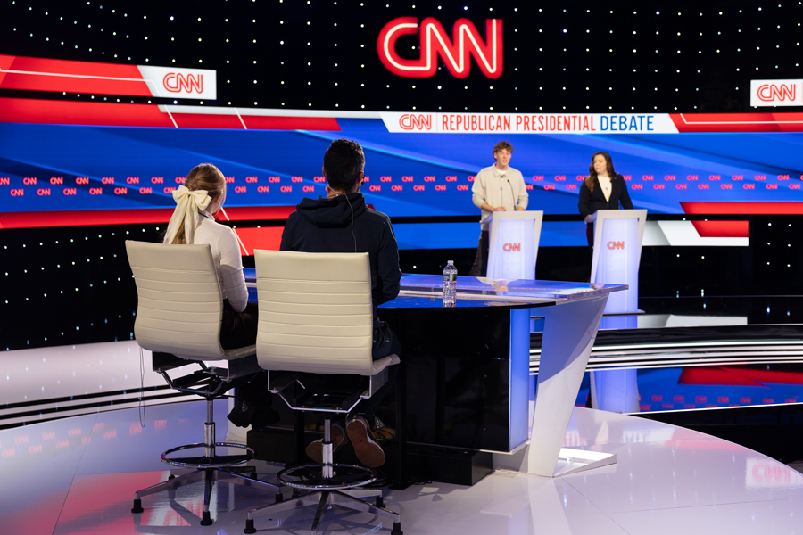 A group of American Politics students from Drake stand on stage before the CNN Republican presidential debate begins