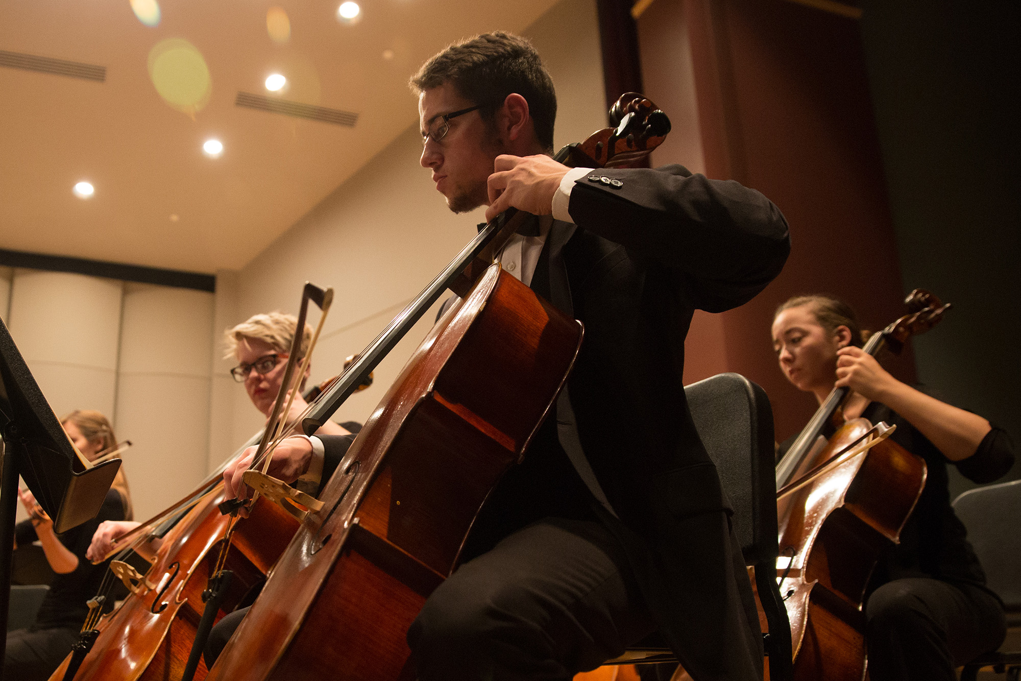Drake cello players during a rehearsal for the campus orchestra