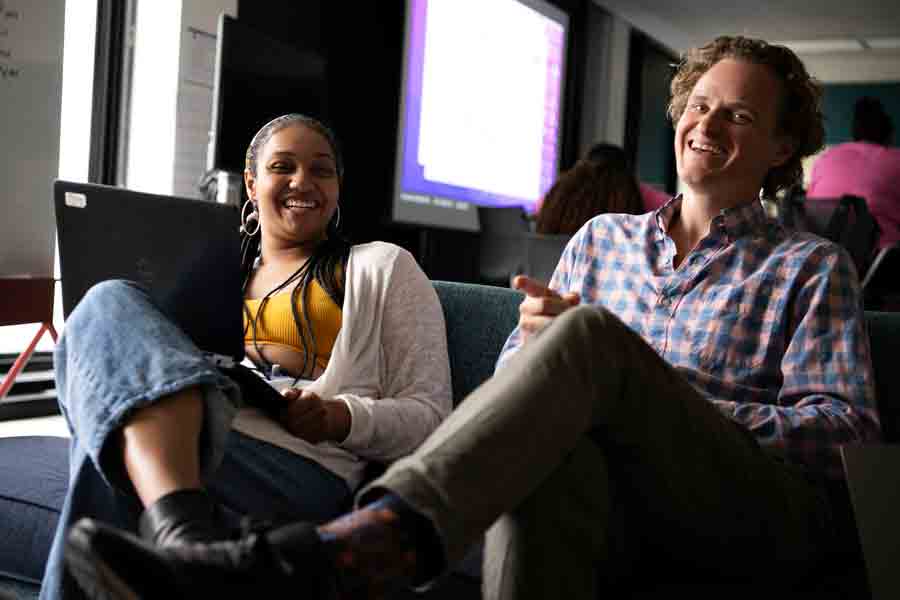 A student from Drake's Black Diaspora Studies program speaks to a faculty member about internship placements