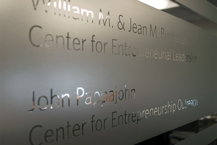Frosted glass signage for the Pappajohn Center for Entrepreneurship Outreach at Drake University