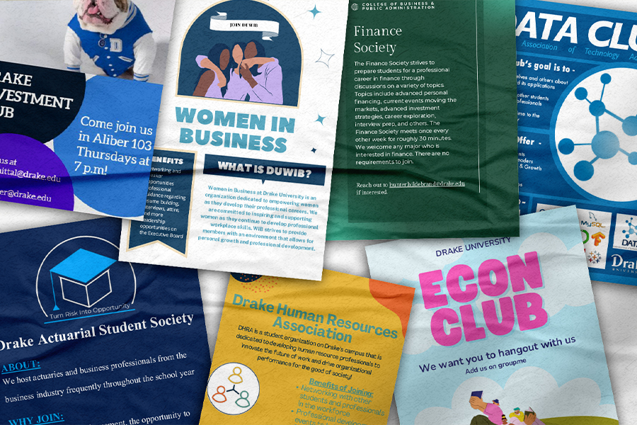 An assortment of fliers for clubs that might interest Drake Information Systems majors