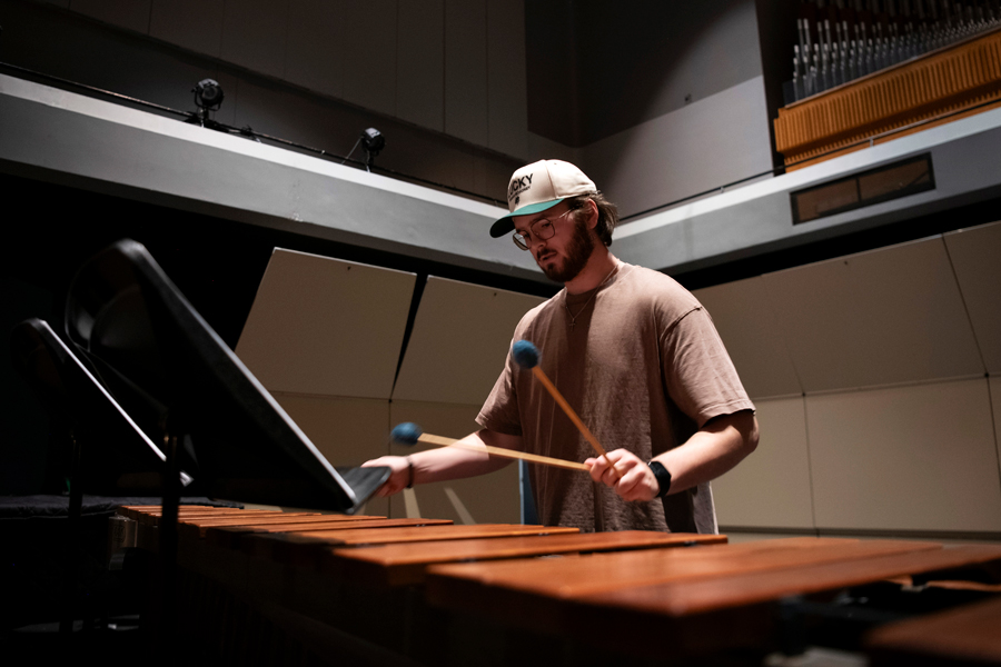 A Fine Arts Scholarship recipient practices marimba in one of Drake's concert halls