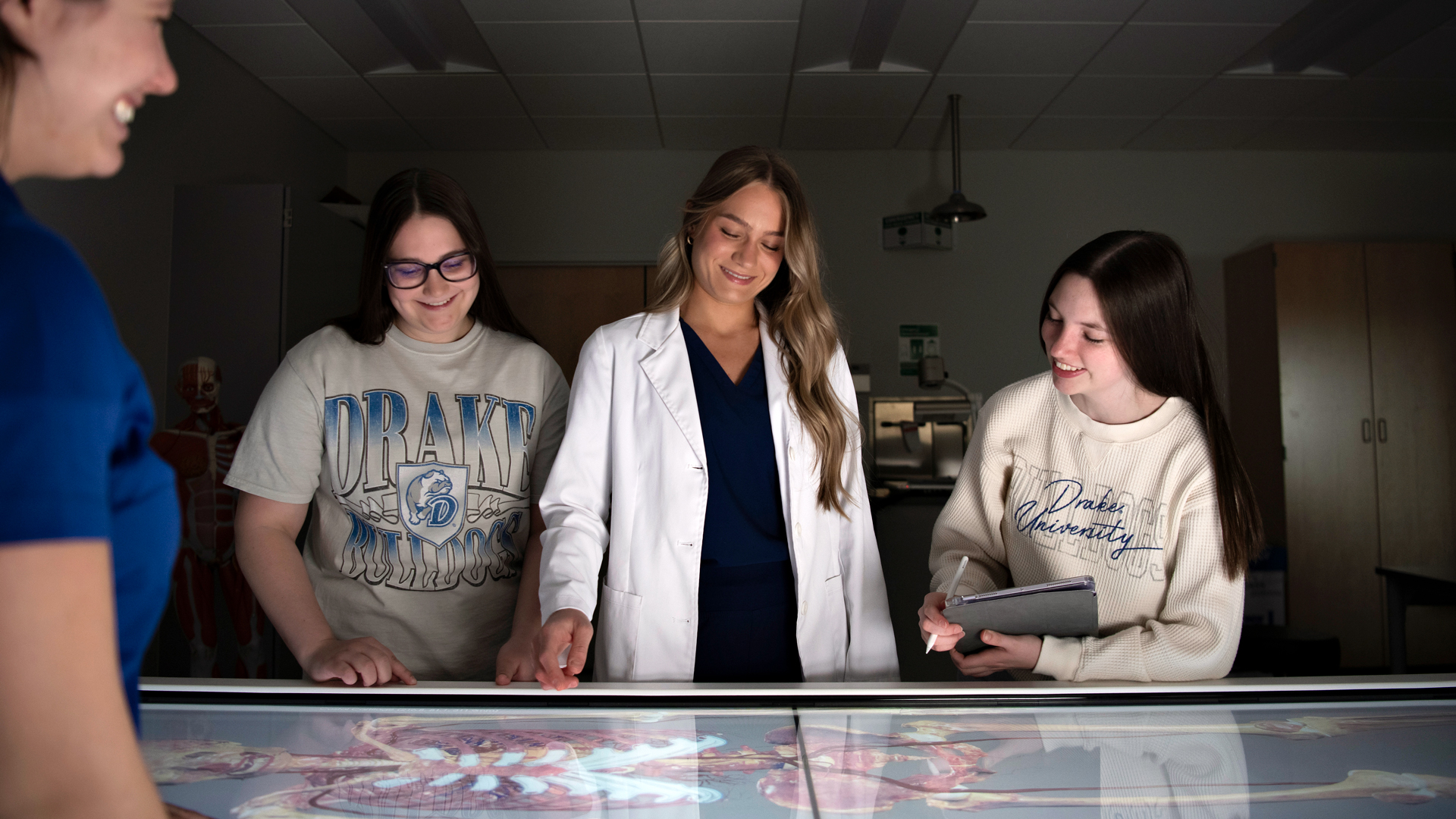 A professor introduces the human body's systems with an anatomage table to a group of Neuroscience Majors at Drake