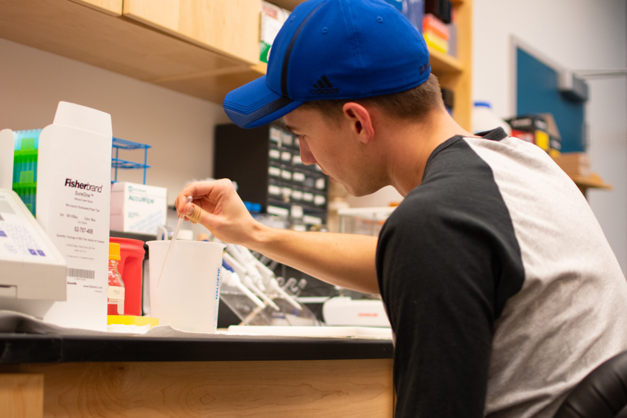 In a Drake laboratory, a Neuroscience student practices analyzing samples with a dropper and a beaker