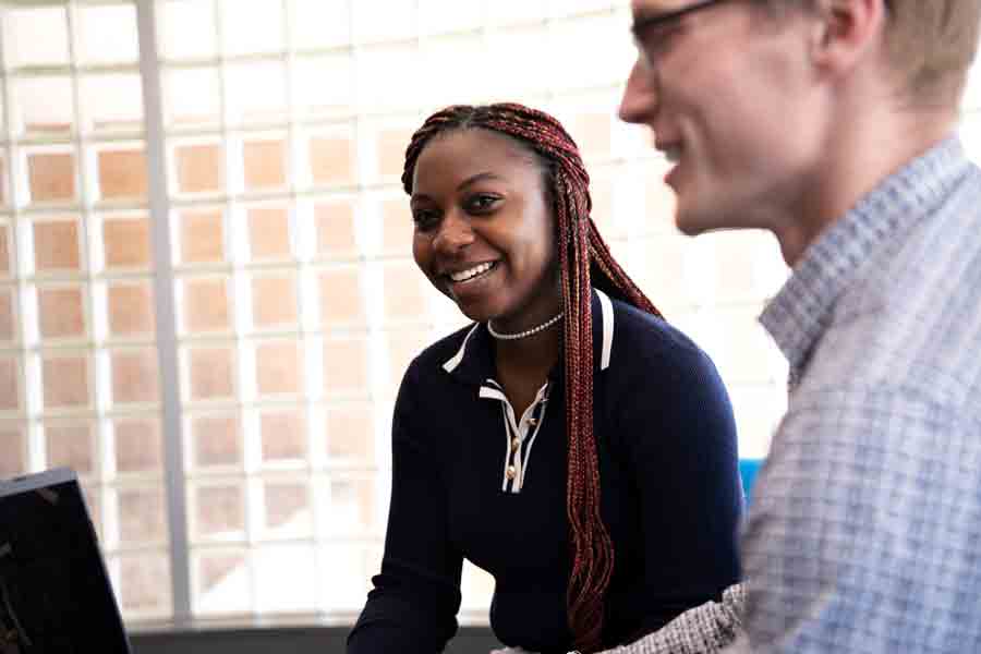 Two Drake Philosophy students meet to learn about possible career paths with their degree