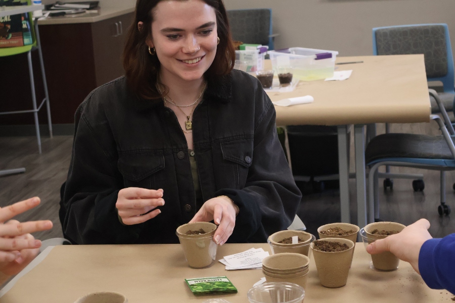 Drake Pre-Pharmacy students plant seeds into pots for a community service project