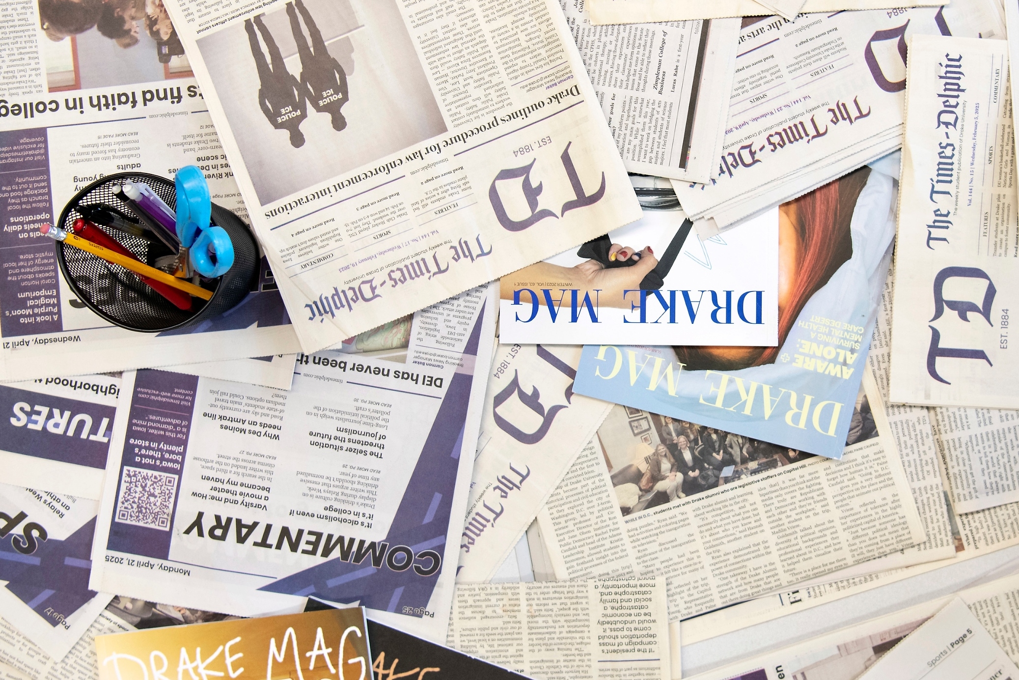 A arrangement of student publications, including Drake Mag and The Times-Delphic, open to Digital Media Production Majors