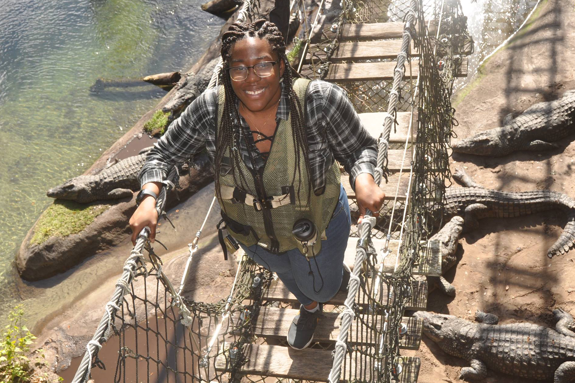 A Drake Zoo and Conservation Science student stands on a drawbridge over a pond and beach with several alligators