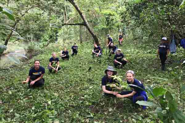 A group of students smile while working with plants in the woods